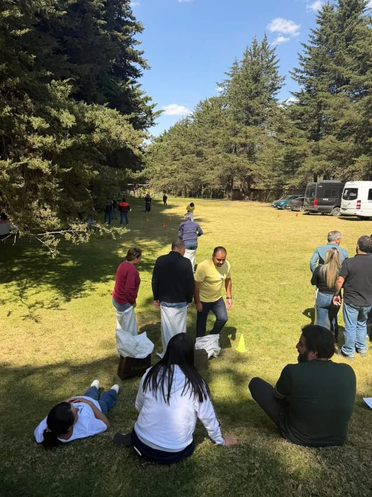 Personas participan juntas en una actividad sobre el césped de un parque arbolado.