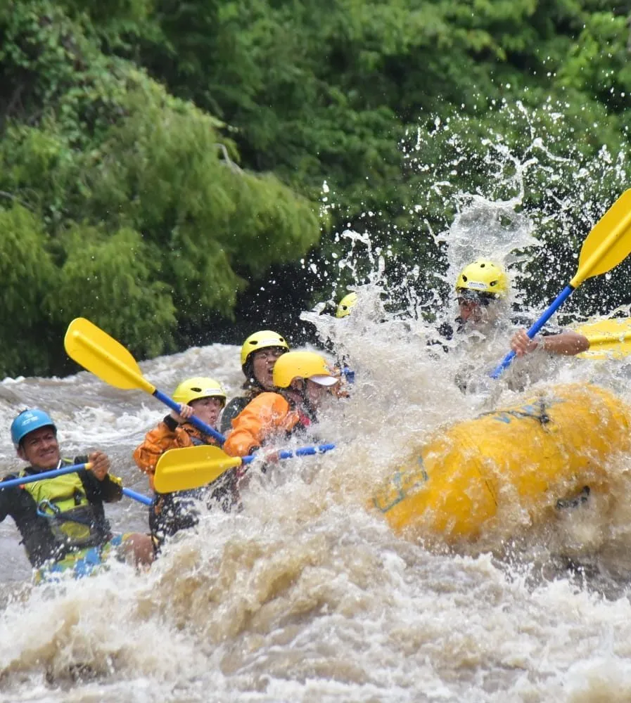 Un equipo desciende un río en una balsa entre rápidos y vegetación.