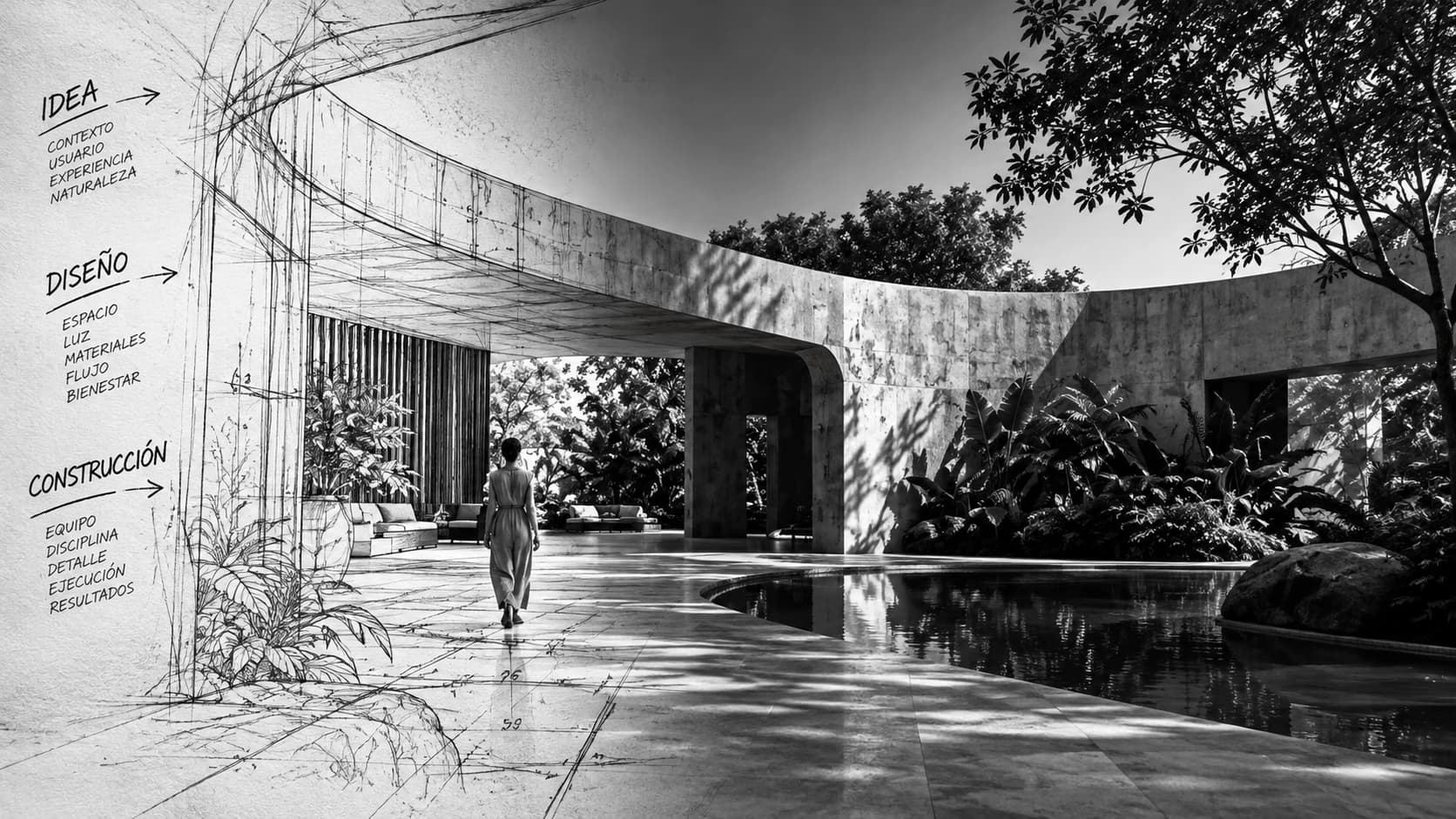 Ilustración panorámica: el dibujo de una idea y su diseño se transforma en un patio construido, abierto y habitable.